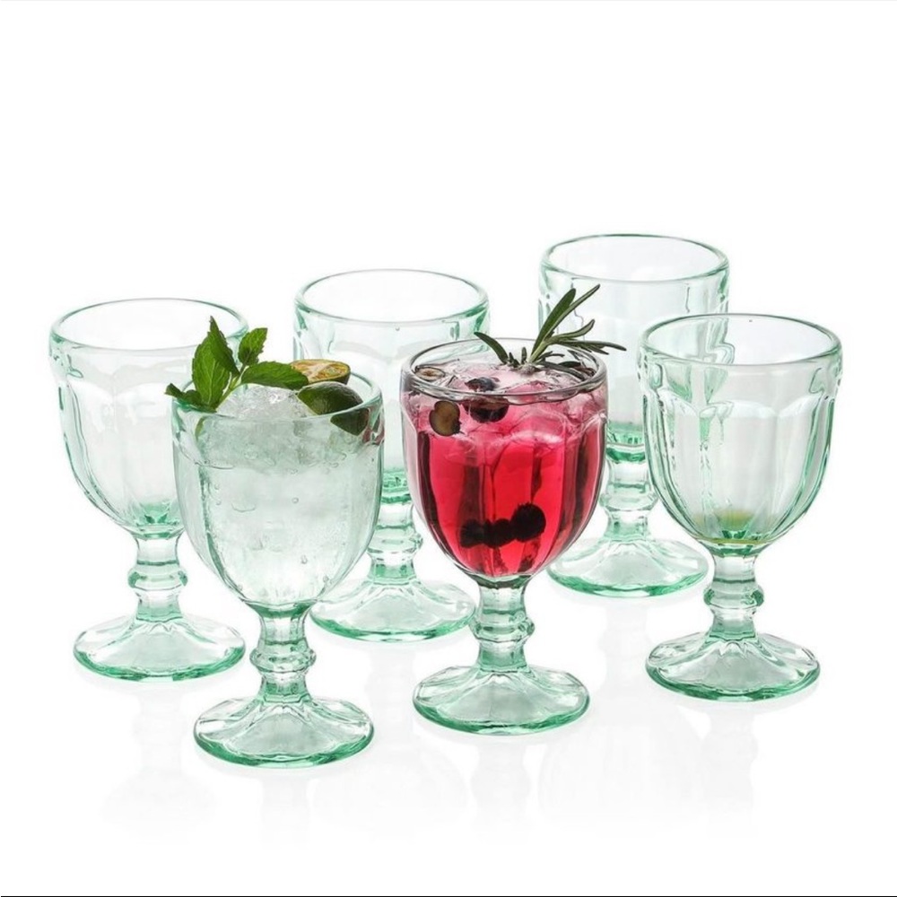 Set of 6 EVEREST GLOBAL Green Goblet Glasses 10.2 oz Vintage Octagon Glass